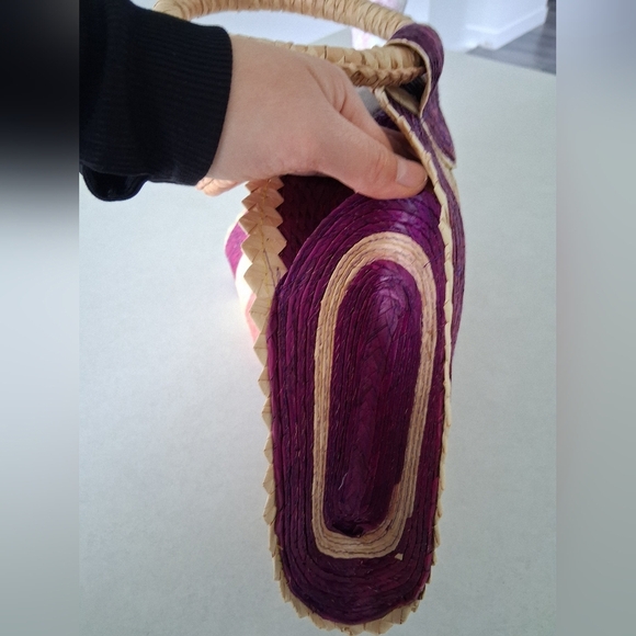 Elegant Boho Straw Woven Handbag/ Purple and Tan/ Handmade/ Velcro Closure - Picture 3 of 8